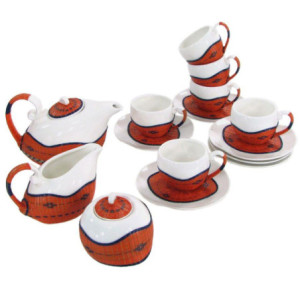 Set tazza tè con teiera e lattiera bambù arancione 9 pezzi elegante