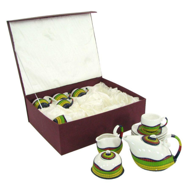 Set tazza tè con teiera e lattiera bambù multicolor 9 pezzi elegante