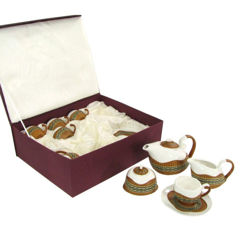 Set tazza tè con teiera e lattiera bambù noce 9 pezzi elegante