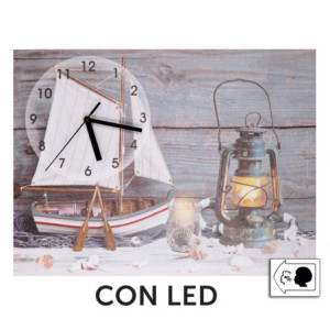 Orologio quadro LED Mare legno con barca 40x30x2,2 cm decorativo