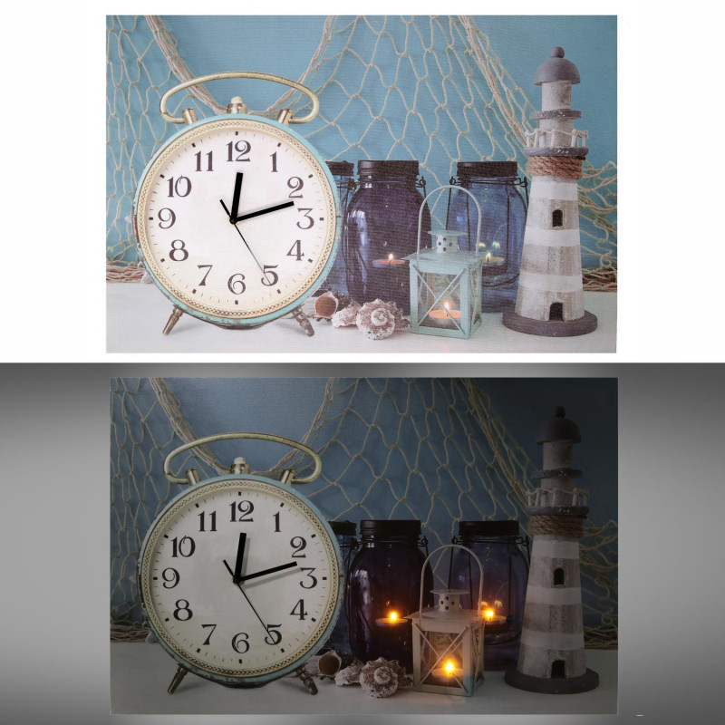 Orologio quadro LED Mare legno con faro 60x40x2,2 cm decorativo