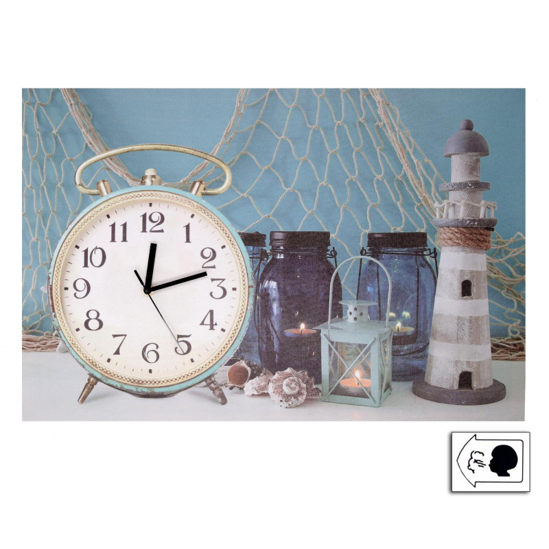 Orologio quadro LED Mare legno con faro 60x40x2,2 cm decorativo