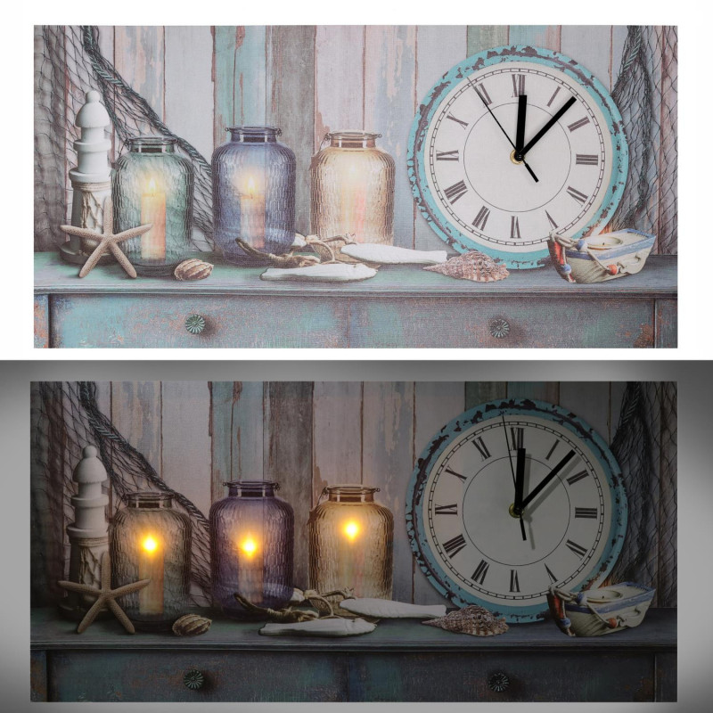 Orologio quadro LED Mare legno con candele 60x30x2,2 cm decorativo