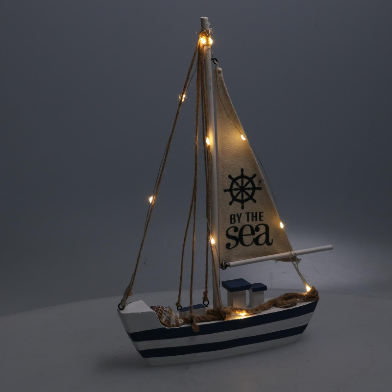 Barca legno con led naturale e blu 25x6x38 cm decorazione