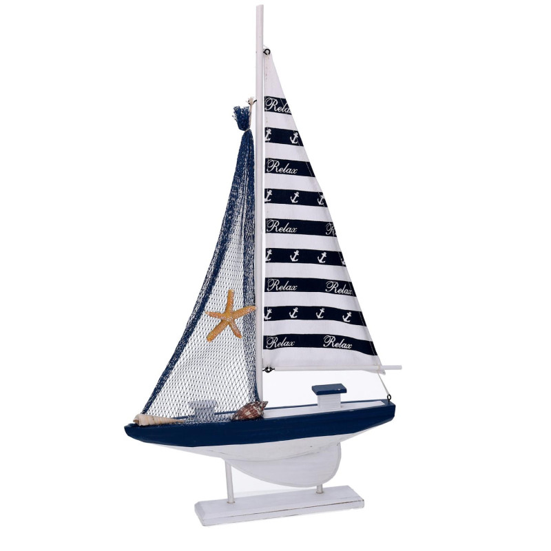 Barca legno naturale e blu 31x5,5x57 cm decorazione marina