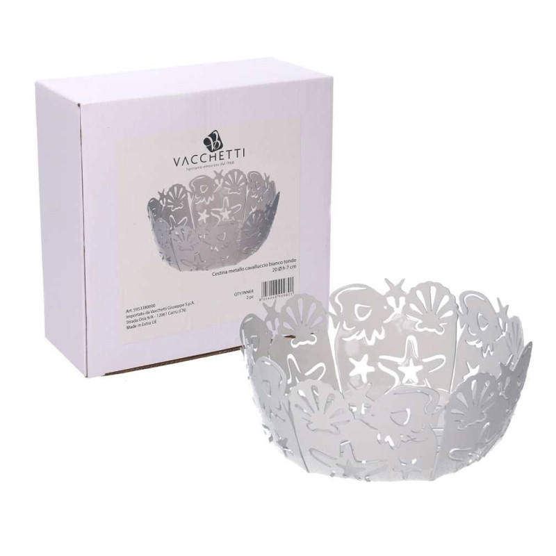 Cestina metallo cavalluccio bianco tondo Ø20x7 cm contenitore mare