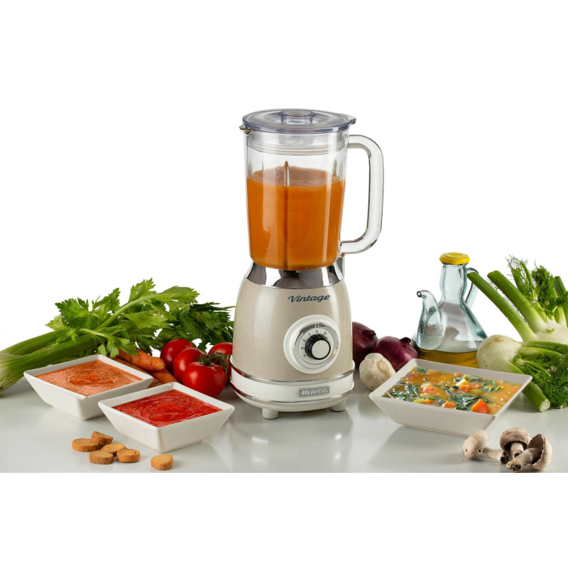 Frullatore Vintage 1,5L 1000W 4 Lame Acciaio Tazza Vetro Beige