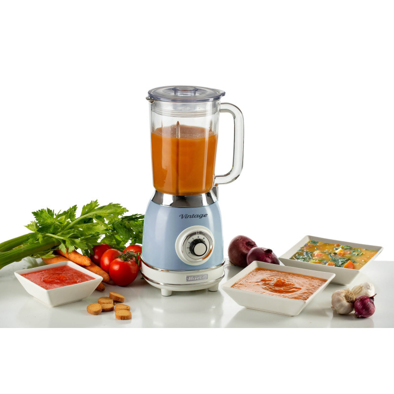 Frullatore Vintage 1,5L 1000W 4 Lame Acciaio Tazza Vetro Celeste