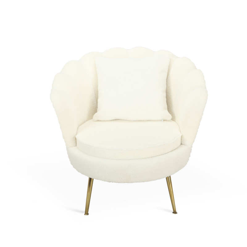 Poltrona Shelly bouclé panna cromo oro con cuscino moderna