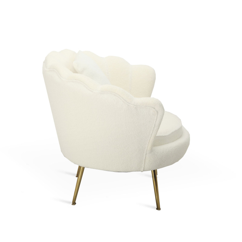 Poltrona Shelly bouclé panna cromo oro con cuscino moderna