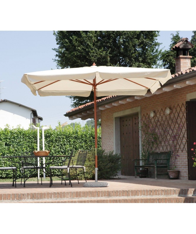 Ombrellone quadrato MOIA 3x3m in poliestere ecrù con volante antivento e fusto in legno teak