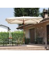 Ombrellone rettangolare MOIA 3x4m in poliestere ecrù con volante, antivento e fusto in legno teak