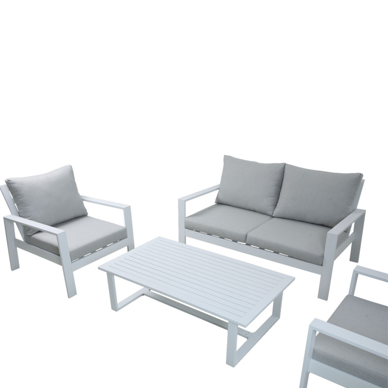 Set Lisbona divano 2 poltrone tavolino alluminio bianco giardino