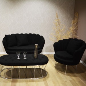 Set Flavia divano 2 posti 2 poltrone panca bouclé nero cromo