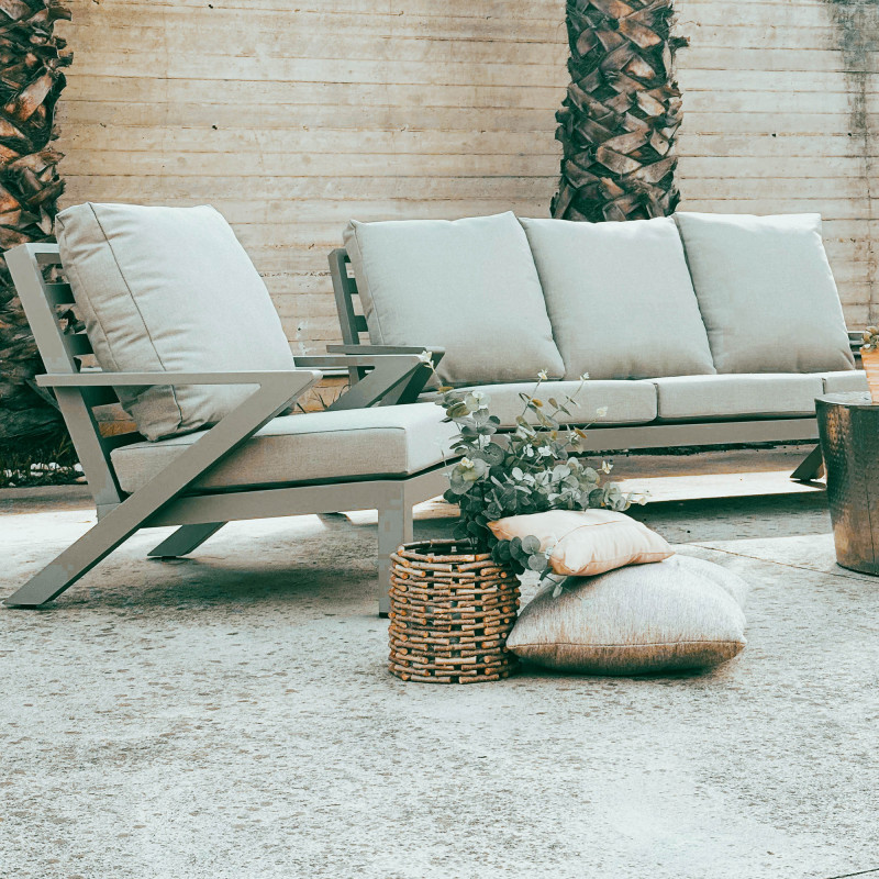 Set Malaga divano e 2 poltrone alluminio tortora da giardino