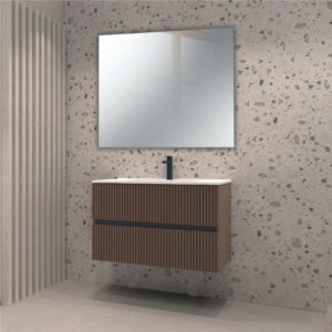 Zoom Mobile da bagno sospeso Belfast con due cassetti colore noce effetto cannettato