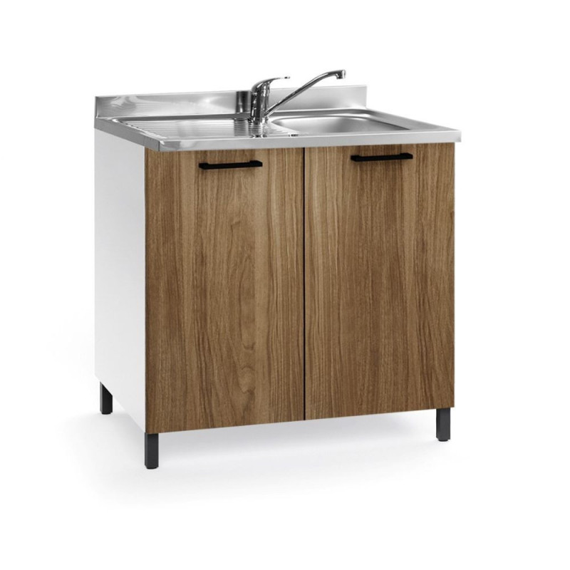 Sottolavello cucina 80x50 cm bianco e noce naturale con lavello