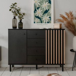 Madia Monza 01B 2 ante 4 cassetti nero rovere effetto cannettato