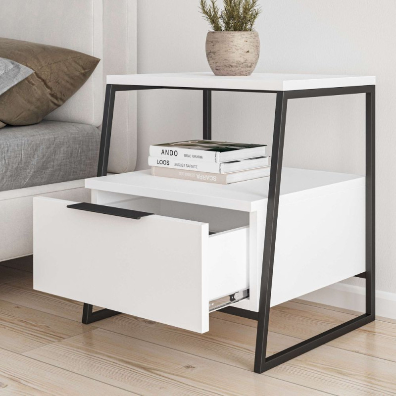 Comodino Pal struttura bianca gambe metallo nero moderno