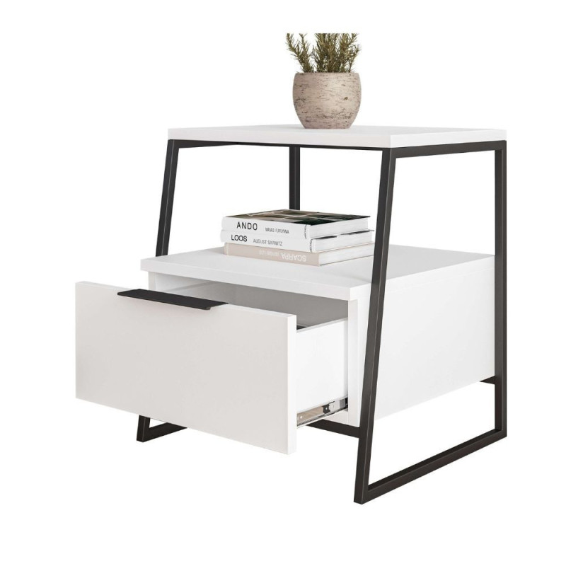 Comodino Pal struttura bianca gambe metallo nero moderno