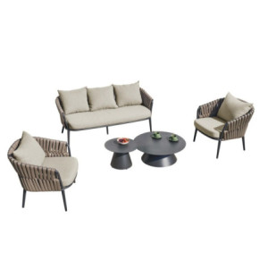 Zoom Salottino da esterno Simo composto da divano, due poltrone e doppio tavolino colore antracite, tortora con cuscini beige