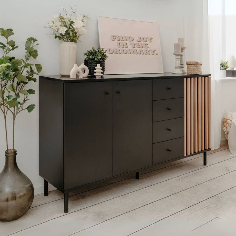 Madia Monza 51C 3 ante 4 cassetti nero listelli rovere moderna