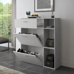 Zoom Scarpiera Takimi con 2 ante a ribalta 1 cassetto colore cemento e bianco