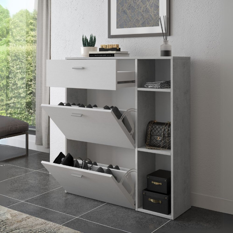 Scarpiera Takimi 2 ante ribalta 1 cassetto cemento e bianco