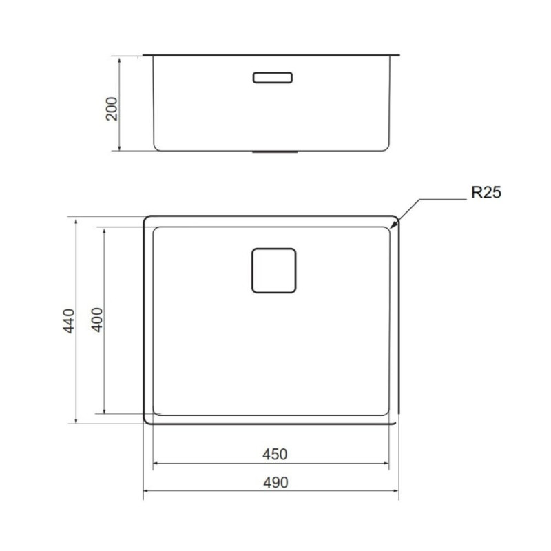 Lavello sottotop vasca 45 foro quadro inox moderno cucina