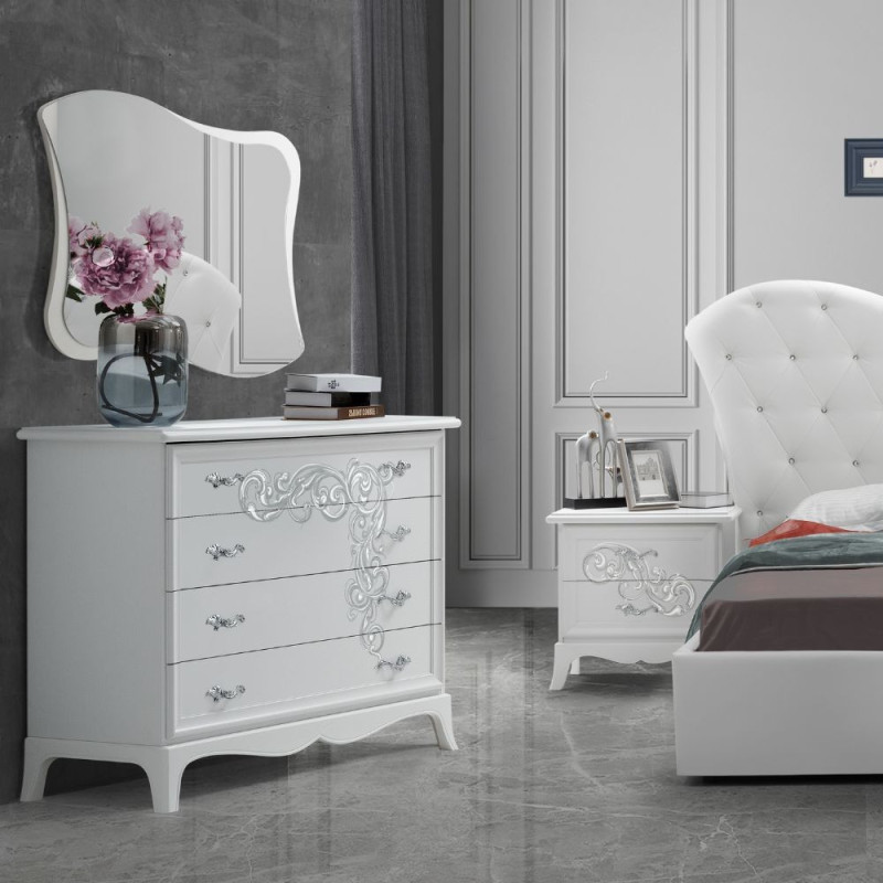 Camera da letto Marsida colore bianco larice con armadio 2 ante scorrevoli con serigrafia glitter