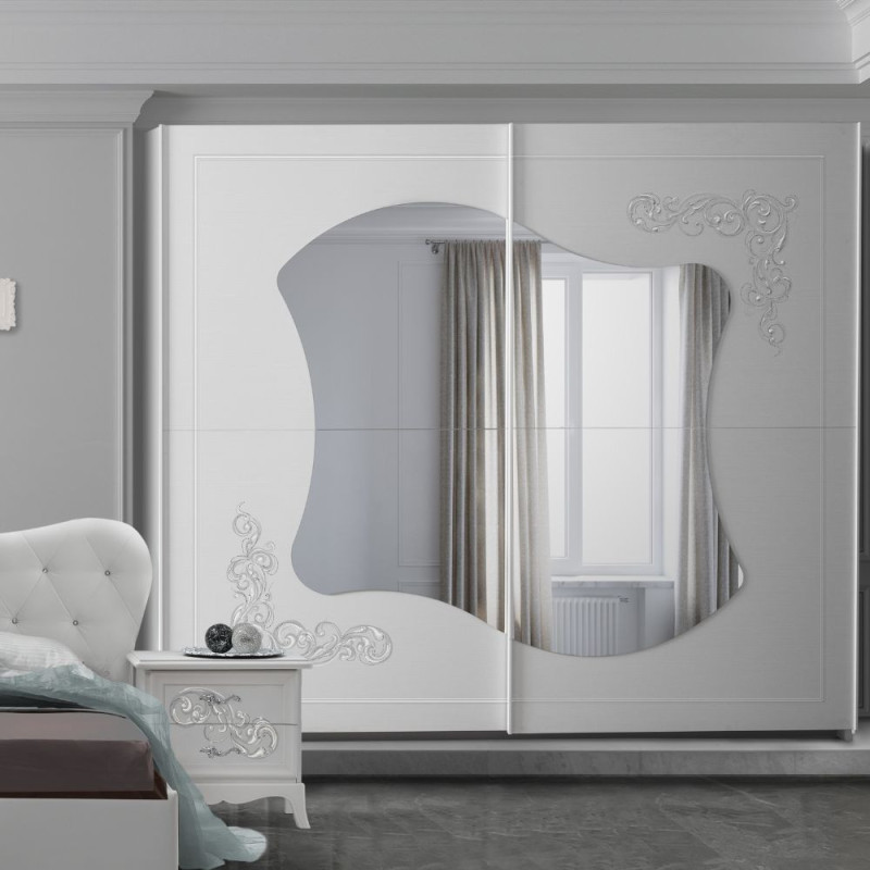 Camera da letto Marsida colore bianco larice con armadio 2 ante scorrevoli con serigrafia glitter