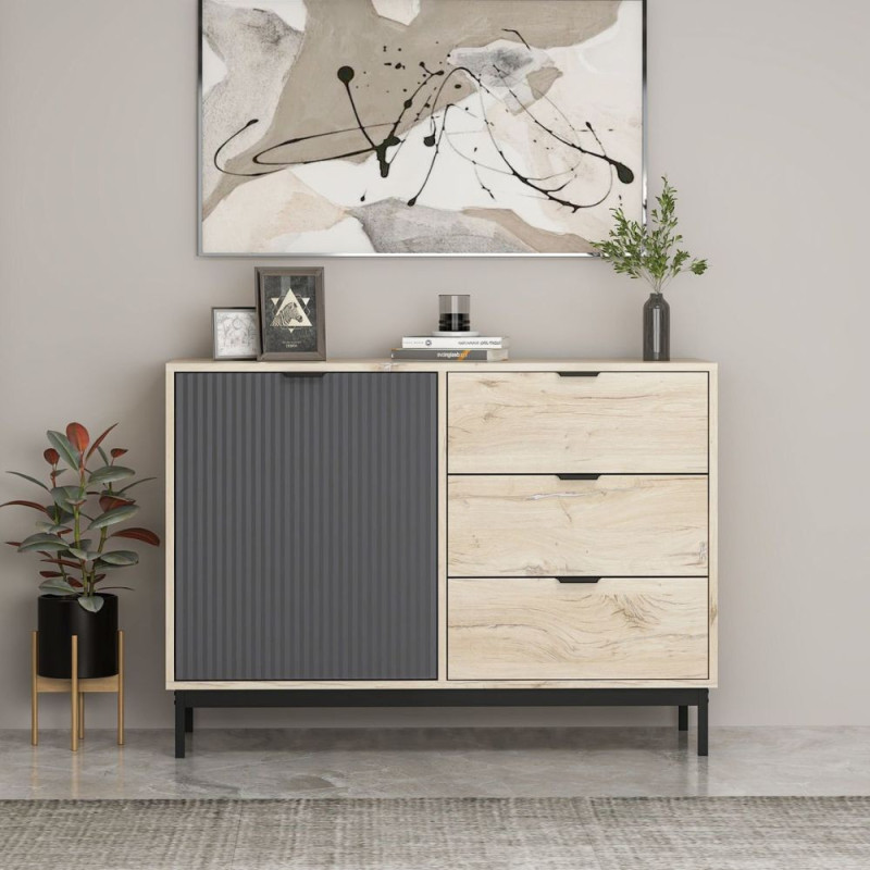 Madia Esta 120 cm anta antracite cannettato 3 cassetti rovere