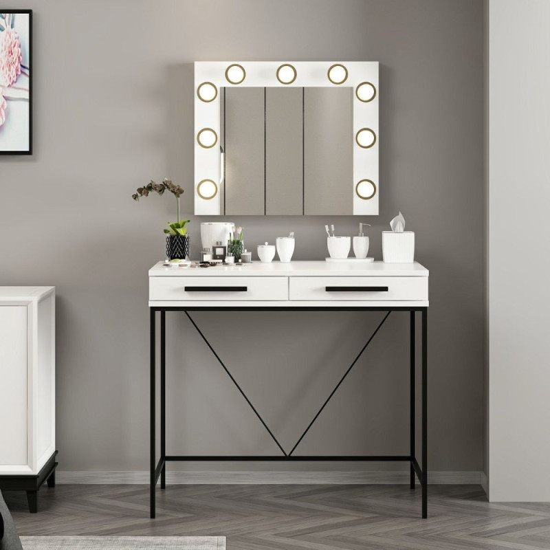 Toeletta da trucco Sane 2 cassetti bianco piedi neri specchio LED