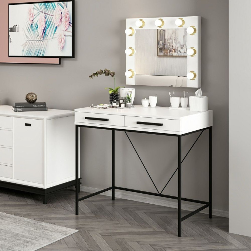 Toeletta da trucco Sane 2 cassetti bianco piedi neri specchio LED