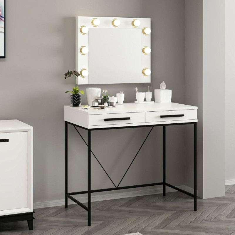 Toeletta da trucco Sane 2 cassetti bianco piedi neri specchio LED
