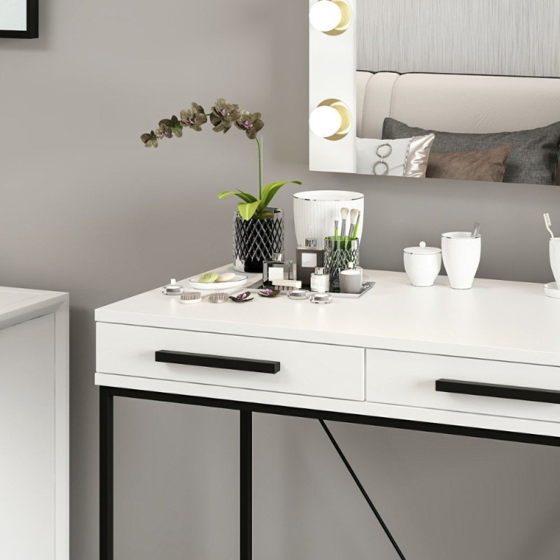 Toeletta da trucco Sane 2 cassetti bianco piedi neri specchio LED