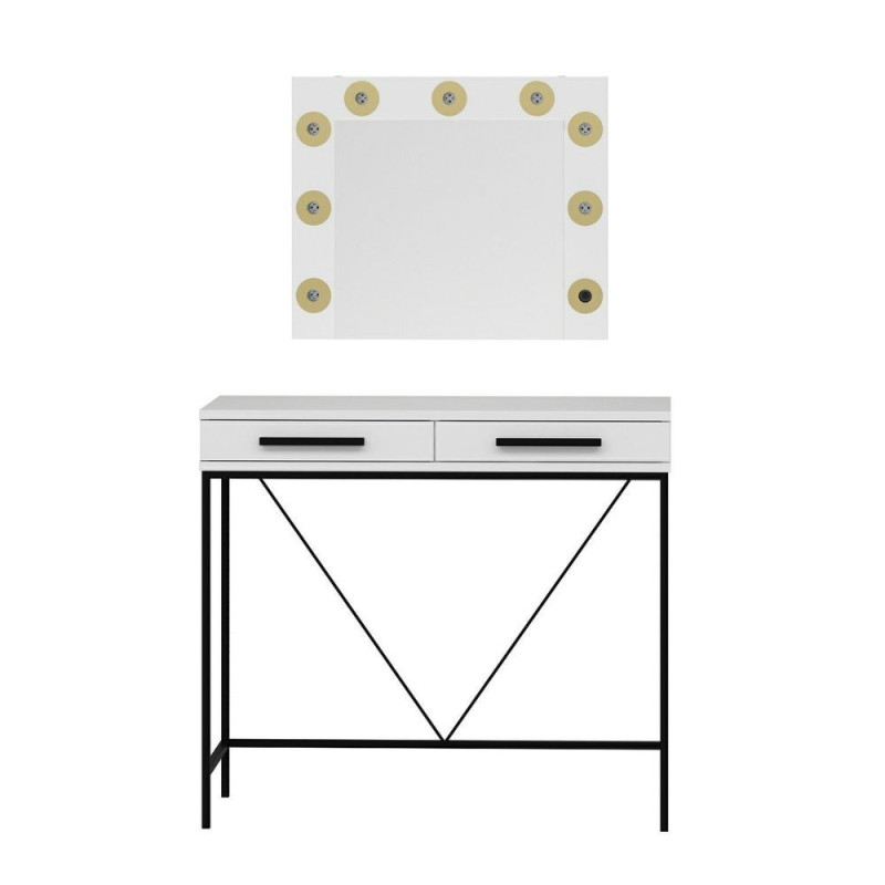 Toeletta da trucco Sane 2 cassetti bianco piedi neri specchio LED