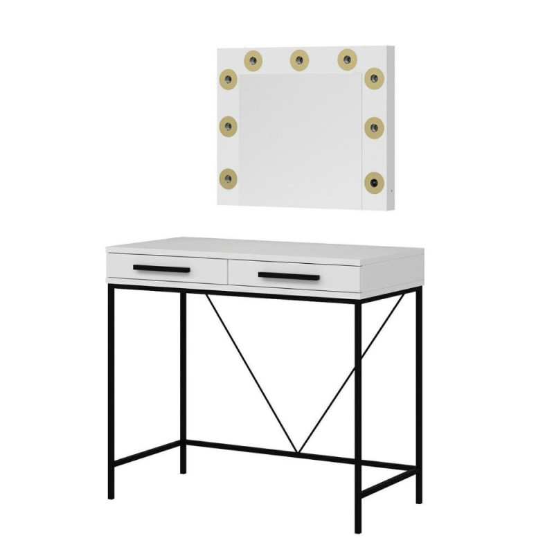 Toeletta da trucco Sane 2 cassetti bianco piedi neri specchio LED