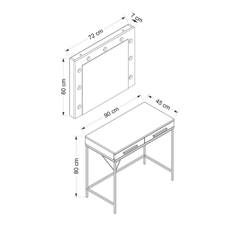 Toeletta da trucco Sane 2 cassetti bianco piedi neri specchio LED