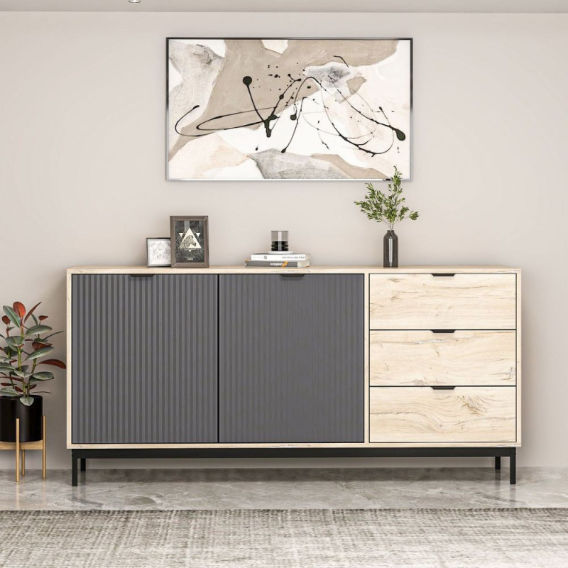 Madia Esta 180 2 ante antracite cannettato 3 cassetti rovere