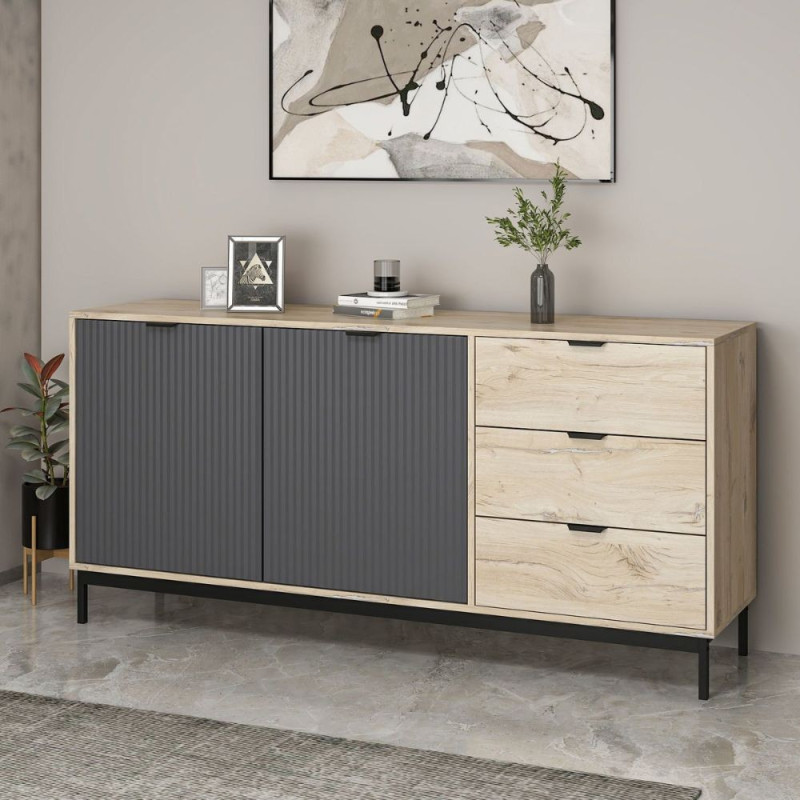 Madia Esta 180 2 ante antracite cannettato 3 cassetti rovere