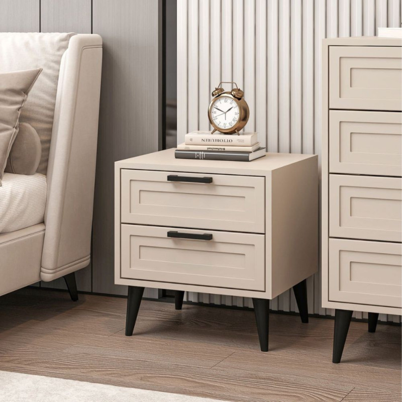 Comodino Prime 2 cassetti cashmere maniglie piedini neri moderno