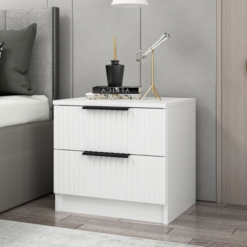 Comodino Kale 2 cassetti effetto cannettato bianco moderno
