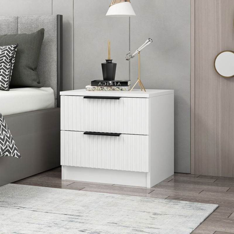 Comodino Kale 2 cassetti effetto cannettato bianco moderno