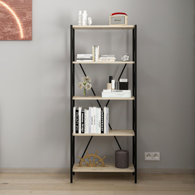 Libreria Axel metallo nero 5 mensole rovere Sonoma moderna