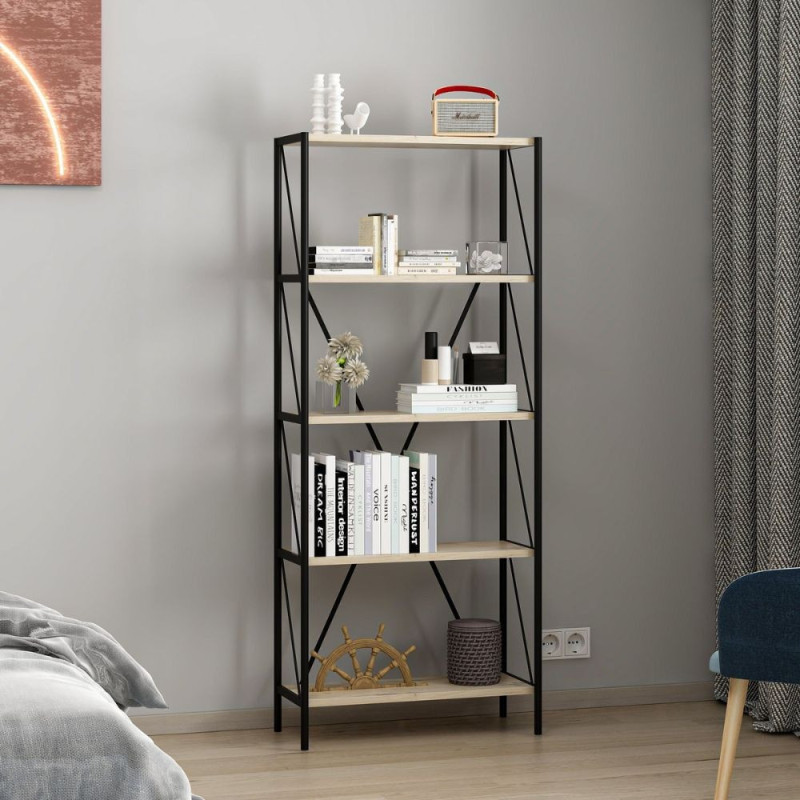 Libreria Axel metallo nero 5 mensole rovere Sonoma moderna