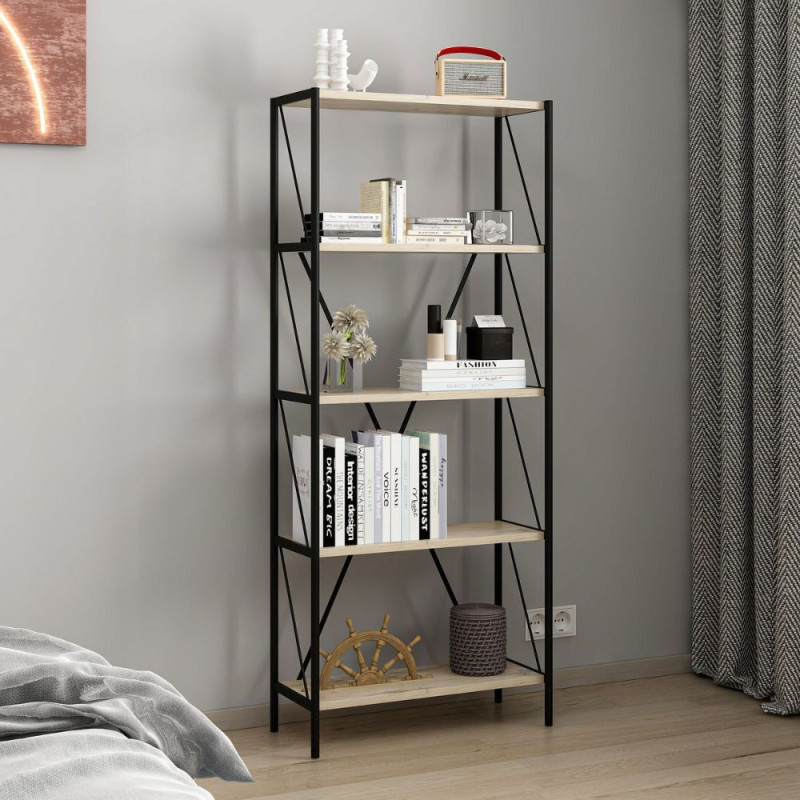 Libreria Axel metallo nero 5 mensole rovere Sonoma moderna