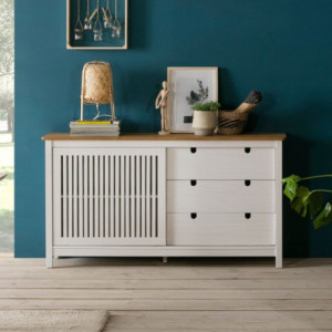 Credenza Bruna 1 anta scorrevole 3 cassetti legno bianco top pino