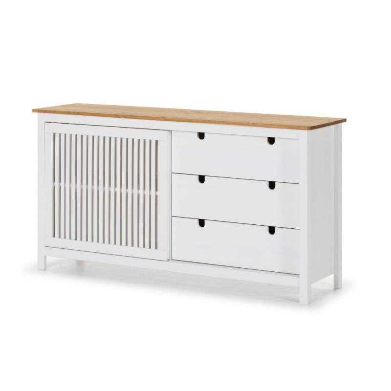 Credenza Bruna 1 anta scorrevole 3 cassetti legno bianco top pino