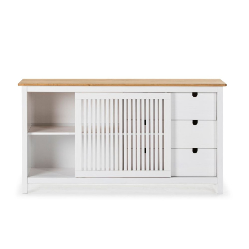 Credenza Bruna 1 anta scorrevole 3 cassetti legno bianco top pino